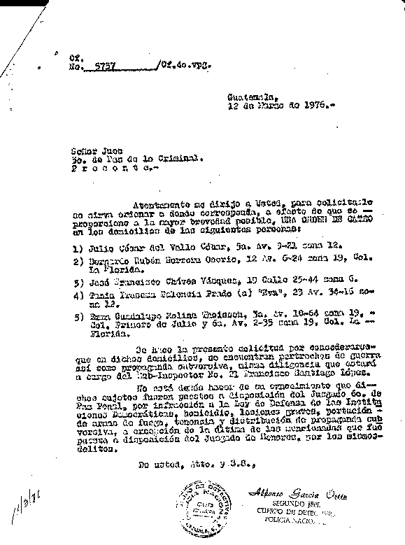  GRÁFICA NO. 15 FECHA: 12 DE MARZO 1976. Emma Guadalupe Molina Theissen, era menor de 18 años por eso fue trasladada a un juzgado de menores según indica el oficio de la Policía Nacional. 