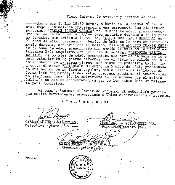  GRÁFICA NO. 11 El informe lo firman dos detetives y un puesto administrativo dirigido al Jefe del Cuerpo de la Policía Nacional Miguel A. García Herrarte. El inspector No. 12 Factor Salazar, fue el investigador asignado del caso y acudió al Hospital Latinoamericano ubicado en la zona 2, donde se estaba hospitalizada Tania Palencia, esa misma noche se habló con dos personas que se estaban en el lugar, una ellas era la madre de Tania. 