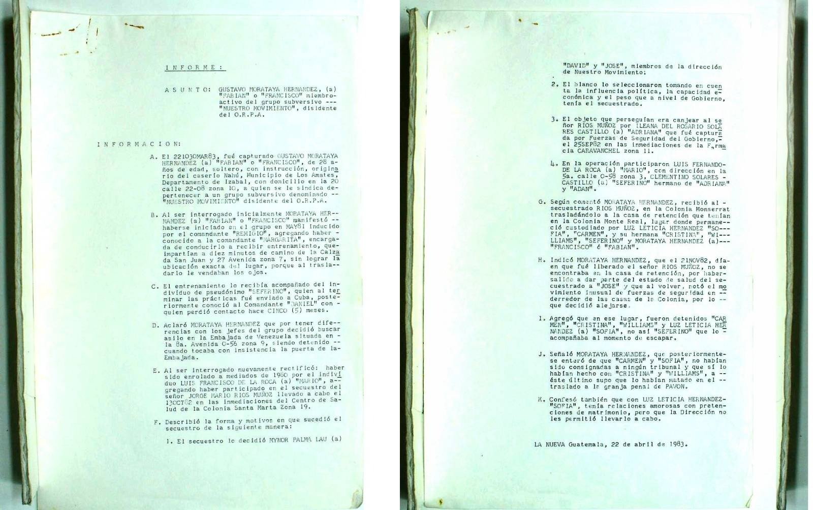  Declaración de Gustavo Morataya quien indicó que cuatro personas fueron detenidas en el lugar donde se liberó a Ríos Muñoz. Foto AHPN 