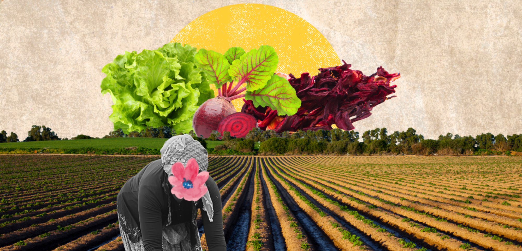 Mujer agachada sobre campo, tiene una flor tapándole la cara, en el horizonte hay verduras gigantes
