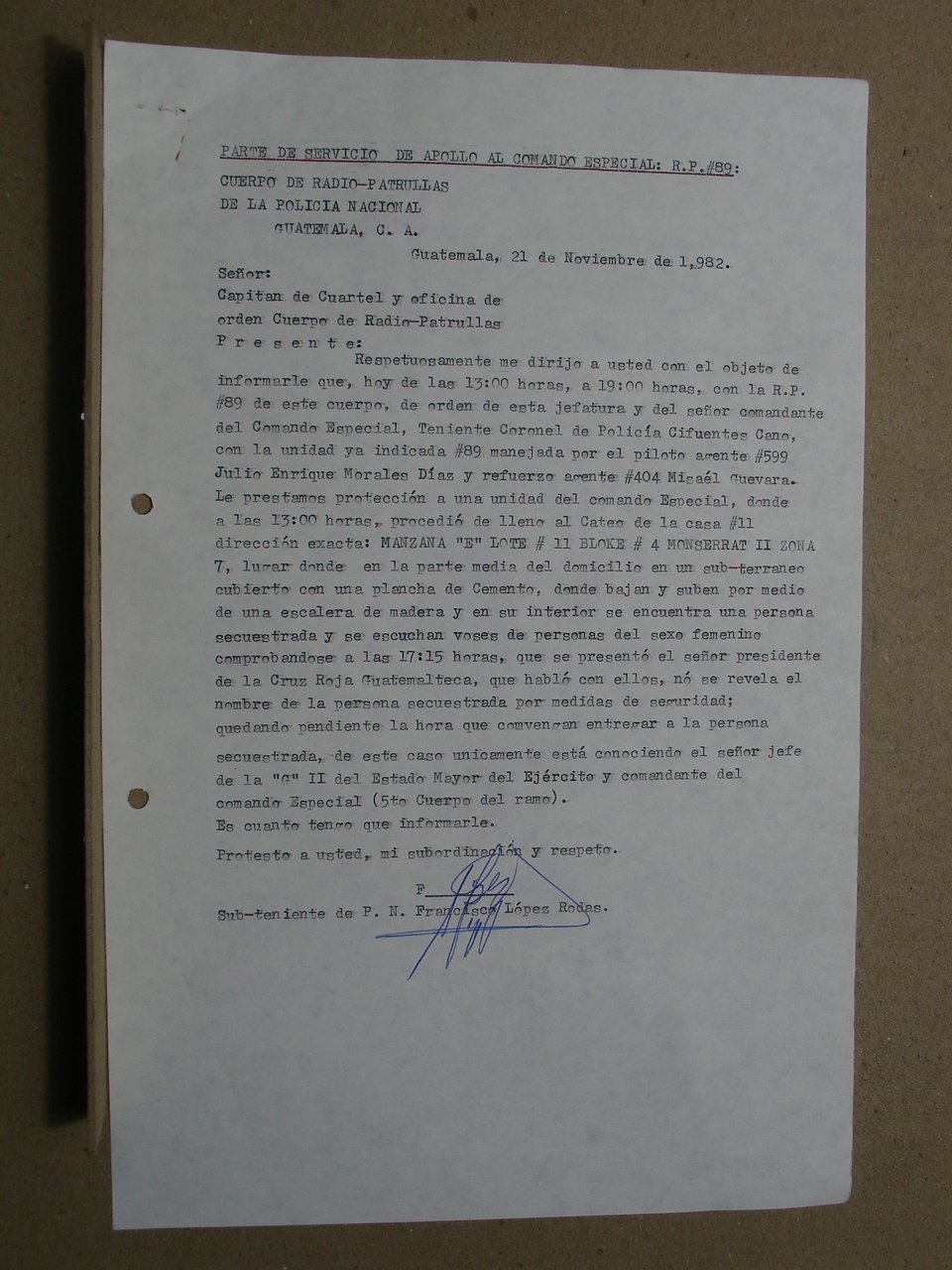  Parte policial sobre el cateo y la liberacion del sobrino de Ríos Montt, del 21 de noviembre de 1982. Foto AHPN 