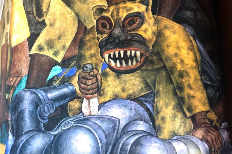 Escena de la conquista en los murales del palacio de Cortés, 1930.